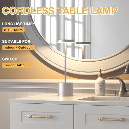 Kakanuo Silver Gray Cordless Lamp Set, Rechargeable Lamp, 3 Color Temperature, LED Outdoor Wireless Lamps, Battery Operated Lamps, Stepless Dimmable, Touch Control - Image 3