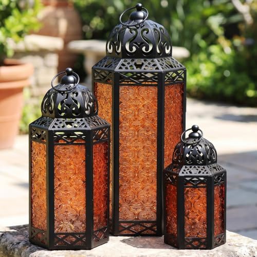 VELA LANTERNS Set of 3 Amber/Orange Glass & Black Metal Moroccan Candle Lantern Holders (XL, Large, Small) - Decorative Indoor/Outdoor Decor for Patio, Floor, Weddings & Ramadan by VelaCandleLanterns