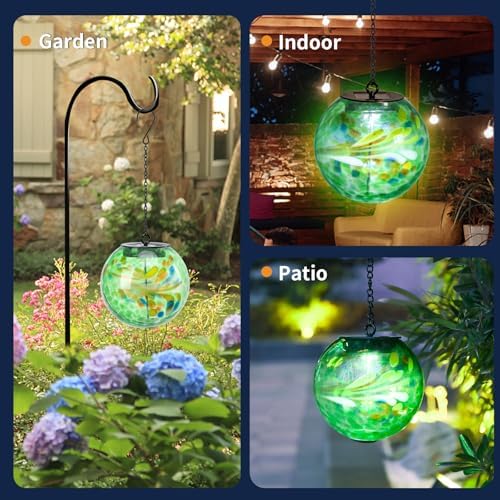 VCUTEKA Glass Solar Lanterns Outdoor Green Hanging Solar Lights for Outside - Image 6