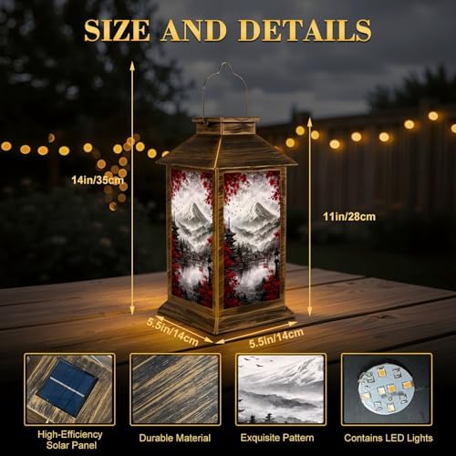Solar Lantern Outdoor Waterproof Black White Pop Red Japanese Temple Autumn Fall Landscape Mount Maple Garden Decor LED Solar Lights Hanging/Tabletop Lamp Gifts for Women Mom for Outside Yard Patio - Image 2