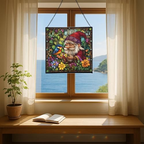 Gnome Making Flower Crowns Stained Glass Suncatcher – Square Hanging Window Panel for Home or Greenhouse – Whimsical Glass Art Gift for Garden Lovers, Christmas, Halloween, Father Days 4xTfjK - Image 6