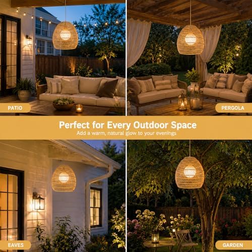 Solar Pendant Lights Outdoor, 12 Inch Rattan Solar Lantern with Remote - Image 5