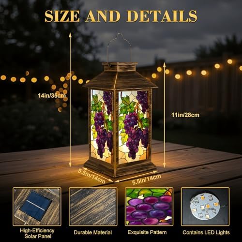 Solar Lantern Outdoor Garden Hanging Lantern Stained Glass Grape Vine Purple Grapes Green Leaves Grapevine Waterproof Solar Powered Lighting Outside Table Lamp for Patio Deck Yard Camping - Image 2