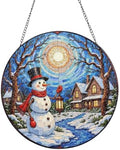 Snowman Holding Lantern Near Winter Houses Stained Glass Suncatcher 12in by Unknown