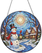 Snowman Holding Lantern Near Winter Houses Stained Glass Suncatcher 12in by Unknown