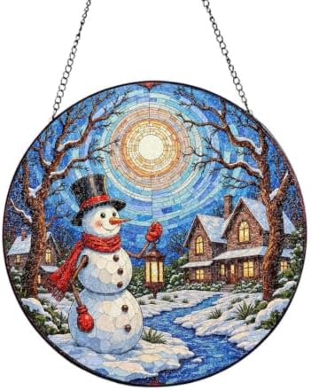 Snowman Holding Lantern Near Winter Houses Stained Glass Suncatcher 12in by Unknown