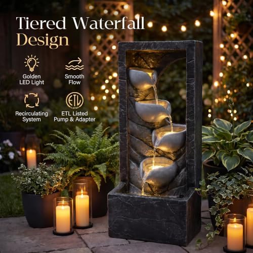 29.1" H Modern Outdoor Water Fountain, 5-Tier Waterfall with LED Lights - Image 3