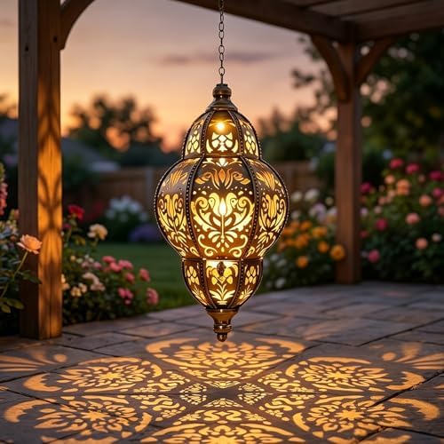 Moroccan Style Artisan Solar Lights Outdoor, Waterproof Hanging Solar Lanterns for Garden Decor, Decorative Metal Chandelier for Patio, Porch, Yard, Unique Gifts for Women & Mom (1Pc) by MGSTN