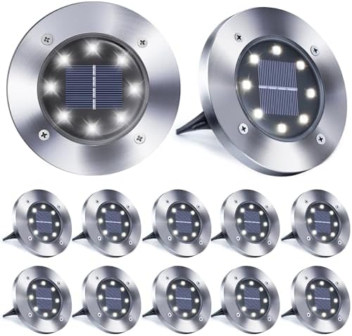 Toodour 12 Pack Solar Ground Lights Outdoor, 8 LED Waterproof Solar in-Ground Disk Lights for Garden Driveway Lawn Pathway Yard Pool Step, White by Toodour