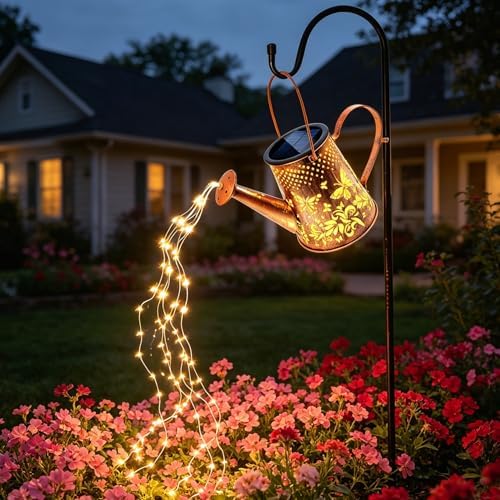 Solar Lanterns Outdoor Decorative: Metal Butterfly Watering Can with Cascading LED Lights and Hook - Waterproof Hanging Garden for Yard Patio Decor - Birthday Gardening Gifts for Women by AHongem