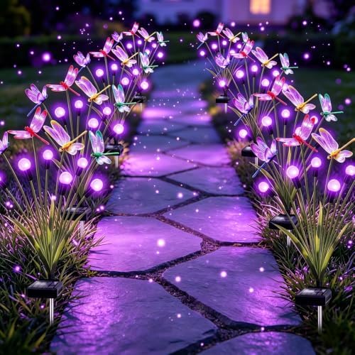 VOOKRY Dragonfly Solar Garden Lights Outdoor (8 Pack, 48 LEDs), Dragonfly Outdoor Decor with Solar Firefly Lights Waterproof Swaying Light for Yard Patio Pathway Lawn Gardening Gift for Women, Purple by VOOKRY