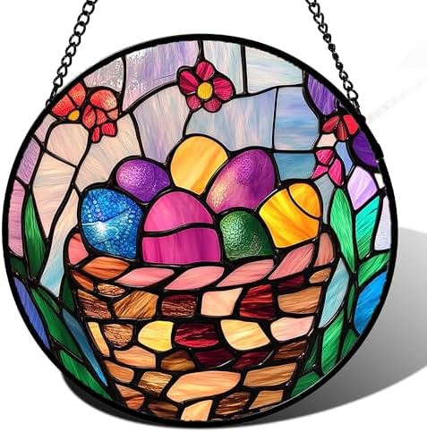 CHATYOUNG Stained Glass Window Hanging Basket Easters Egg Large 15" - Color Suncatcher Door Garden Home Decor and Christmas Mother's Day Birthday Easter Gifts Grandma Mom Nana Women Christians by CHATYOUNG