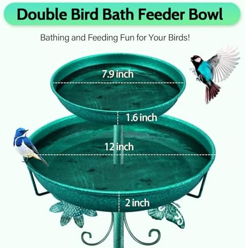 Daoeny Bird Bath for Outside, 42In Vintage Freestanding Birdbaths for Outdoors, Double Metal Bird Bath Feeder Bowls for Garden Patio Yard Lawn Decor, Upgraded 5-Pronged Base (Green) - Image 2
