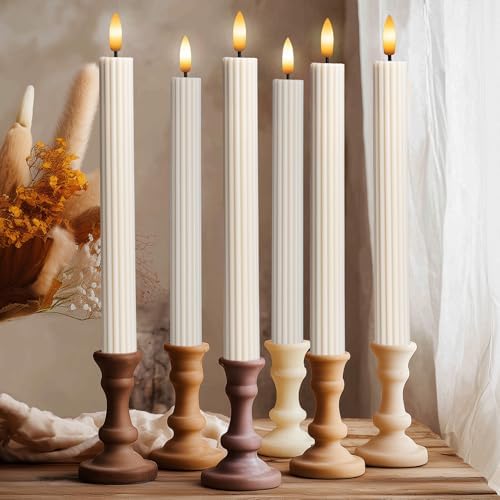 12 Pack, 10" LED Flameless Real Wax Cream Beige Fluted Ribbed Grooved Taper Candles, Remote & 24h Timer Memory, On/Off Button, Dimmable, Flicker Mode, Battery Operated, Wedding by WestIvory