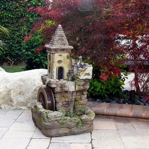 Alpine Corporation USA1164 Outdoor Floor Tiered Fairy Castle Waterwheel Water Fountain with Realistic Stone Look, 35", Brown - Image 2