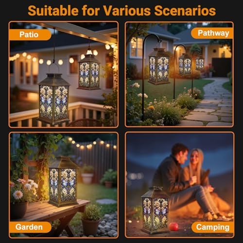 Solar Lantern Outdoor Waterproof Stained Glass Dragonfly Floral Design Soft Pastel Hues Garden Decor LED Hanging Solar Lights Tabletop Lamp Gifts for Women Mom Outside Yard Patio Porch - Image 6