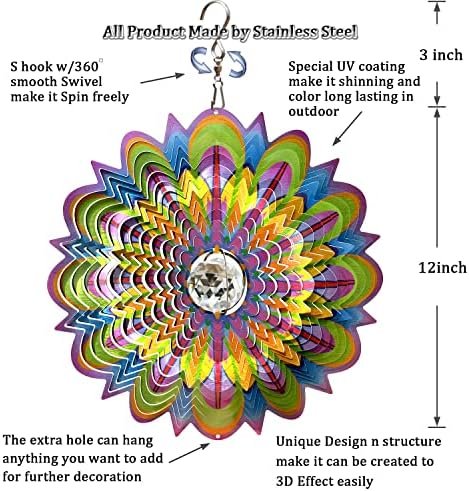 FONMY Mandala Wind Spinner w/Crystal Ball-Bloosom 3D Stainless Steel Suncatcher Hanging Spinners Worth Gift Christmas Decoration Indoor/Outdoor Garden Décor Kinetic Yard Art 12 Inches Wind Sculpture - Image 5