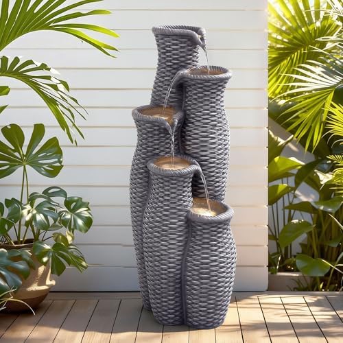 AUTODAYA 33" H Outdoor Water Fountain, 5-Tier Faux Rattan Vase Waterfall - Image 6