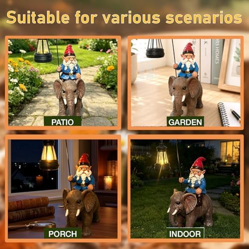 Garden Gnome Riding Elephant Statue Decoration, Funny Resin Solar Gnome with Hanging Lantern for Lawn Patio Yard Garden Outdoor Decor, Gifts for Mom Women and Men (Gnome-G) - Image 6