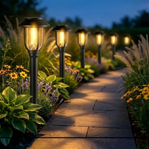 Solar Pathway Lights Outdoor 8 Pack, Warm White Solar Path Lights, Waterproof Energy Efficient Landscape Lights Decorative Auto On/Off, Solar Garden Lights for Yard Walkway Driveway Patio by DOESLAG