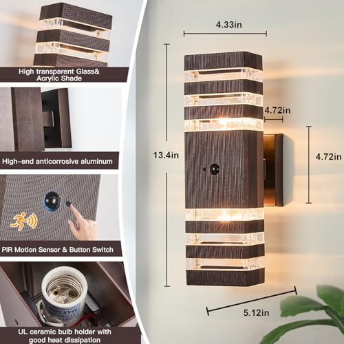 2 Pack Oil Rubbed Bronze Outdoor Wall Lights Fixtures with Motion Sensor Up Down Porch Lights Modern Dusk Dawn Exterior Sconce Wall Mount Outside Coach Lantern for House(With 4 Dimmable Warm Bulbs) - Image 2