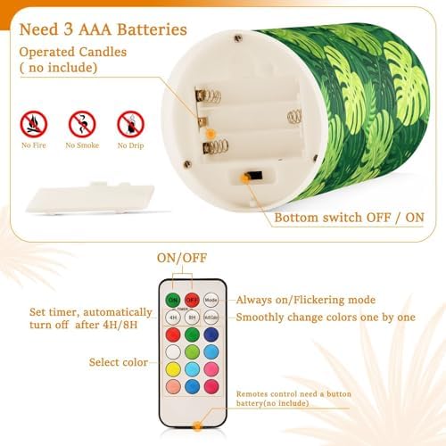 Boho Chic Tropical Palm Leaves Flameless Candles with Remote Control Candles with Timer Waterproof Electronic Lights Glitter Led for Night Battery Operated Pillar 2-Piecing Set - Image 4
