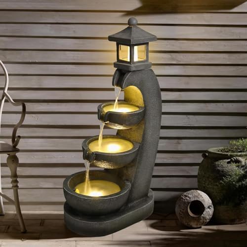 35'' Outdoor Japanese Stone Lantern Water Fountain with LED Lights,Garden Tranquil Pagoda Waterfalls Fountains Bowl for Patio Yard Porch Landscape - Image 6
