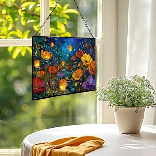 Twilight Garden with Floating Lanterns Rectangular Stained Glass Suncatcher – Hanging Window Panel with Animal & Nature Scene – Vibrant Glass Art Gift for Wildlife, Fantasy, Nature Lovers W5RrUY - Image 2