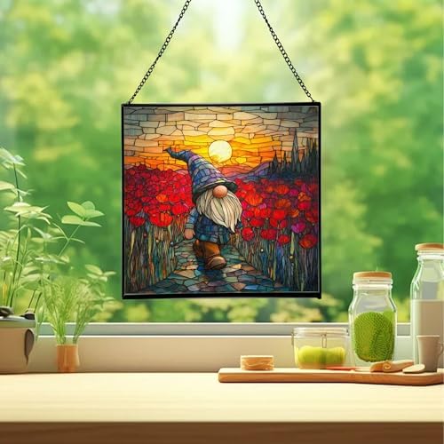 Gnome with Poppy Field Stained Glass Suncatcher – Square Hanging Window Panel for Home or Greenhouse – Whimsical Glass Art Gift for Garden Lovers, Christmas, Halloween, Father Days 6JfMPN - Image 2