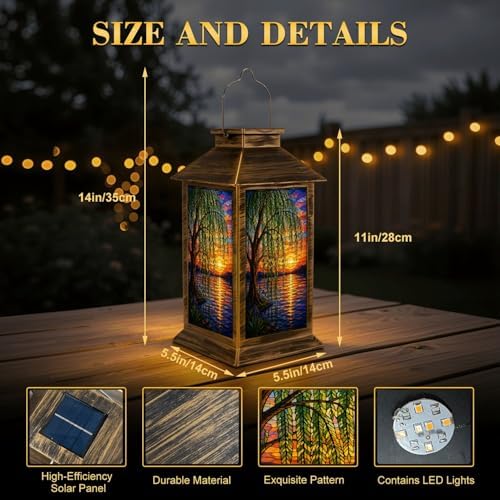 Solar Lantern Outdoor Waterproof Stained Glass Sunset Water Weeping Willow Tree Garden Decor LED Hanging Solar Lights Tabletop Lamp Gifts for Women Mom Outside Yard Patio Porch - Image 2