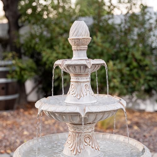XBrand 47" H 3-Tier Freestanding Outdoor Ceramic Water Fountain with Leaf Details for Patio, Yard and Garden Decor, Beige with Pump for Outdoor Spaces - Image 2