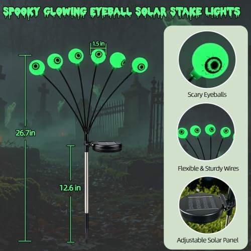 4 Pack Halloween Solar Firefly Eyeball Lights, Green Scary Outdoor Decor - Image 2