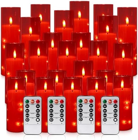 24-Pack Flameless LED Candles with Star String Lights - Red Acrylic Pillar, Realistic Flickering, Remote Control & Timer for Home Decor, Wedding, Christmas - Image 2