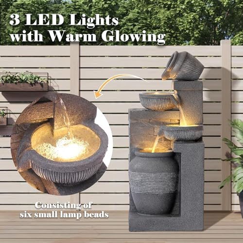 Water Fountain Outdoor, Modern Water Feature with LED Lights, 4-Tier Cascading Resin Waterfall Fountain, 32" Large Garden Fountains for Yard, Deck, Patio, Porch - Image 3