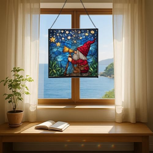 Star Gazer Gnome Stained Glass Suncatcher – Square Hanging Window Panel for Home or Greenhouse – Whimsical Glass Art Gift for Garden Lovers, Christmas, Halloween, Father Days j9i2JX - Image 6