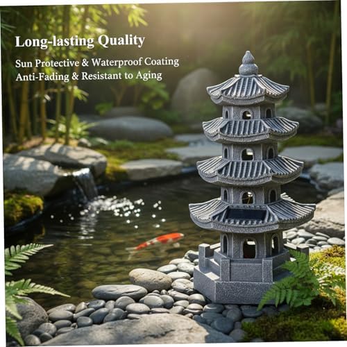 Pagoda Garden Statue Pagoda Garden Statue Solar Powered Lantern Resin Outdoor Zen Japanese Decor for Balcony, Patio, Porch, 11.4x4.7x4.7 inch Grey - Image 5