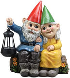 Ebros Large Grow Old with Me Mr and Mrs Gnome On Tree Log Holding Out Solar LED Lantern Light Statue 13.5" Tall for Patio Garden Lawn Home Decor Whimsical Gnomes Figurine by EbrosGift
