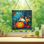 Gnome Pumpkin Lantern Stained Glass Suncatcher – Square Hanging Window Panel for Home or Greenhouse – Whimsical Glass Art Gift for Garden Lovers, Christmas, Halloween, Father Days WS2dno - Image 2