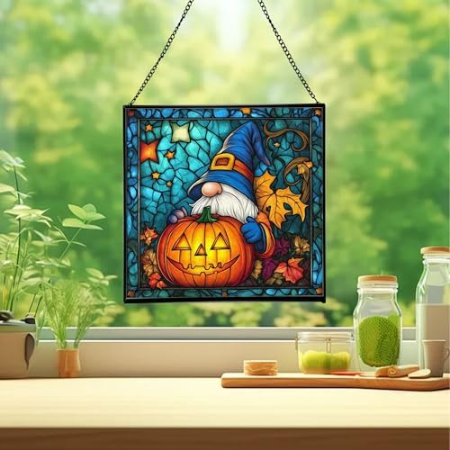 Gnome Pumpkin Lantern Stained Glass Suncatcher – Square Hanging Window Panel for Home or Greenhouse – Whimsical Glass Art Gift for Garden Lovers, Christmas, Halloween, Father Days WS2dno - Image 2
