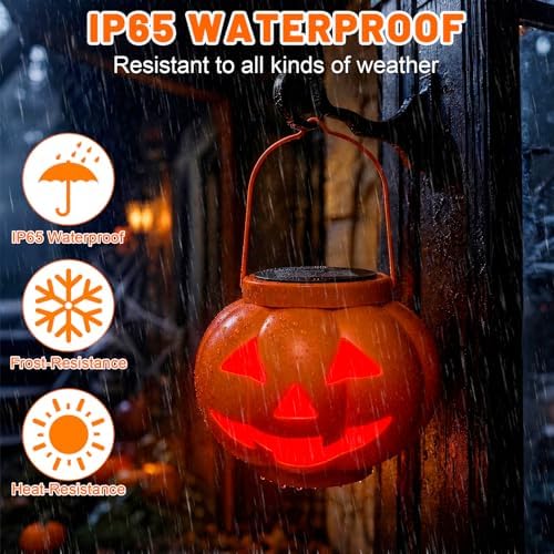 BRIGHTDECK Halloween Pumpkin Solar Lanterns 2 Pack, Jack O Lantern Pumpkin Lights for Halloween Decorations Outdoor, Weatherproof & Portable Fall Yard Decor (2Pack Red＆Green) - Image 3
