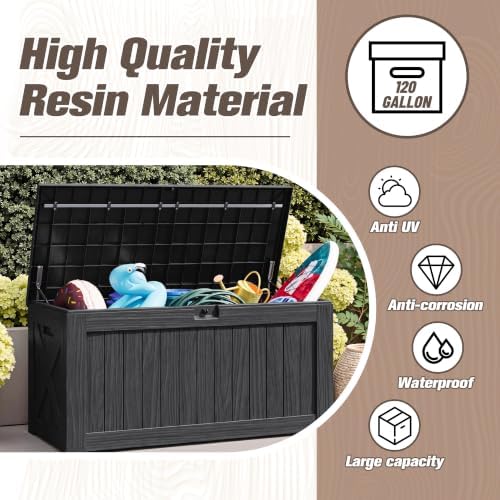 JUMMICO 120 Gallon Resin Deck Box, Large Outdoor Storage Box Waterproof & Lockable for Garden, Patio, Pools (Black) - Image 3