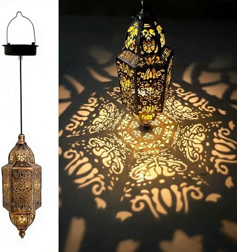 Hanging Solar Lantern Outdoor Decor, Moroccan Solar Lights for Outside Garden Decorations, Waterproof Metal LED Lanterns Garden Gifts for Mom, Women, Patio, Yard, Mother's Day（Cuboid-1 Pack） by OMRAYTU