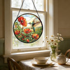 Hummingbird Poppy Stained Glass Window Hanging Suncatcher Gifts Decor 9.8" - Image 5