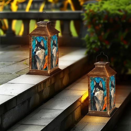Solar Lantern Wolf Stained Glass Blue Orange Mosaic Wildlife Art Outdoor Waterproof Hanging Solar Light Outside Lights for Patio Yard House Lawn Decor Birthday Gifts for Women Mom - Image 6
