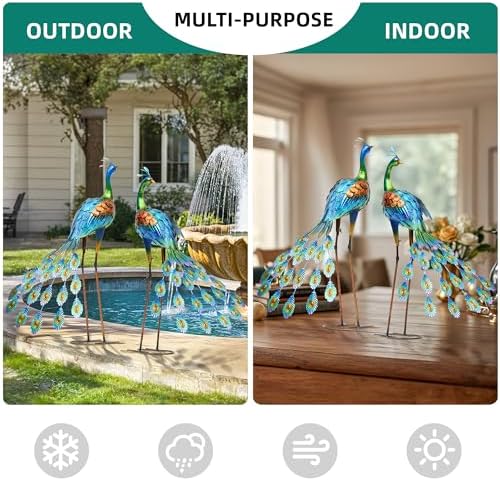 32" Peacock Decor Metal Yard Art Set of 2,Large Outdoor Statue - Image 5