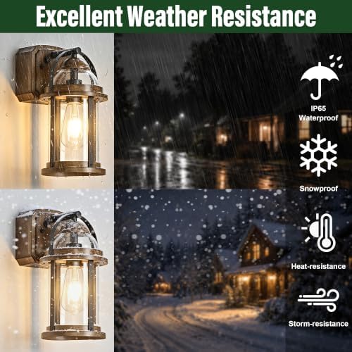 OKELI Dusk to Dawn Outdoor Wall Lights with GFCI Outlet, Waterproof Rustic Farmhouse Wall Lanterns with Clear Glass Shades, Anti-Rust Outside Fixture Lights for Garage Patio Porch, Wood Grain, 2 Pack - Image 7