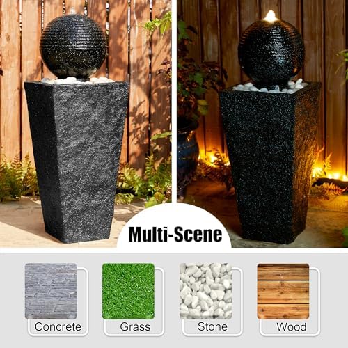 Glitzhome Outdoor Water Fountain with LED Light & Pump, Black Pedestal Sphere Fountain Decorative Water Fountains, Modern Waterfall Floor Fountain with Pebbles for Garden Patio Decor Porch, 31.75”H - Image 5