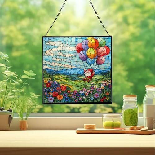 Balloon Flight Gnome Stained Glass Suncatcher – Square Hanging Window Panel for Home or Greenhouse – Whimsical Glass Art Gift for Garden Lovers, Christmas, Halloween, Father Days WsxVJP - Image 2