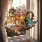 Golden Teacup with Pink Lilies Acrylic Suncatcher - Faux Stained Glass Indoor Window Hanging Ornament, Outdoor Sun Catcher Panel, Home Decor Gift for Tea Lovers by Unknown