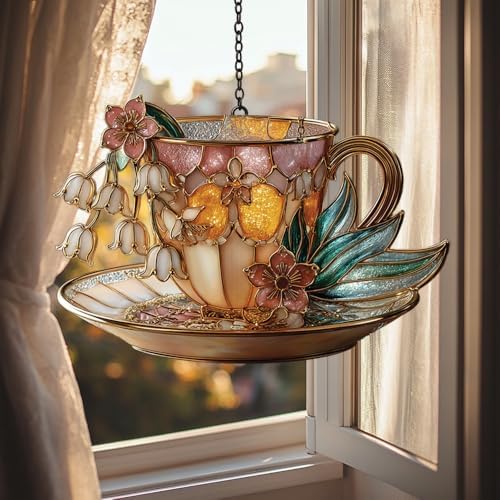 Golden Teacup with Pink Lilies Acrylic Suncatcher - Faux Stained Glass Indoor Window Hanging Ornament, Outdoor Sun Catcher Panel, Home Decor Gift for Tea Lovers by Unknown